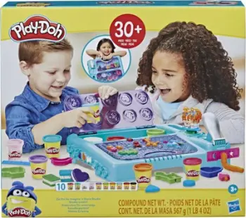 Set lojërash Play Doh On the Go Imagine and Store Studio, 30 vegla, 10 kanaçe plasteline, shumëngjyrësh