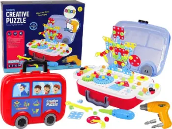 Set konstruktiv 3D Creative Puzzle, 253 pjesë, me stërvitje elektrike, valixhe e kuqe