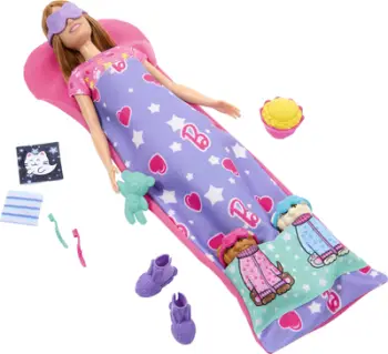 Set lodrash Barbie Slumber Party, kukull me 2 qenushë, aksesorë me ndryshim ngjyre