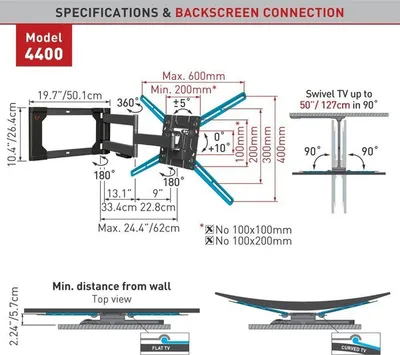 Mbajtës muri për TV Barkan 4400, 32"-80", i anshëm dhe rrotullues, i zi - 2
