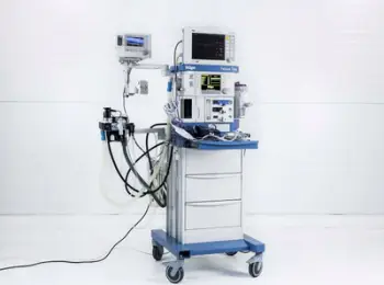 Aparat anestezie Dräger Fabius Tiro, monitor pacienti Infinity Delta, karrocë me sirtarë, gri e kaltër