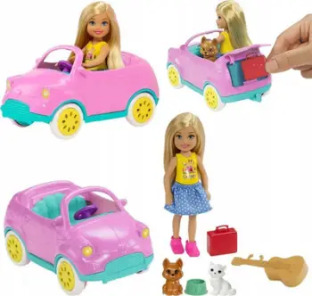 Lodër kukull Mattel Barbie Club Chelsea GTK95, me veturë, me aksesorë, rozë
