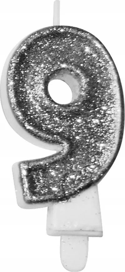 Qiri dekorativ PartyTime numri 9, me shkëlqim, 7.5 cm, argjendtë - 1