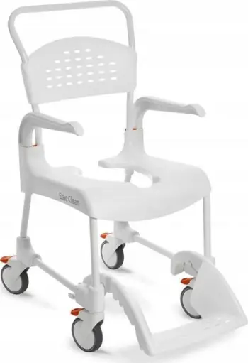 Karrige dushi dhe tualeti Etac Clean, lartësia e sediljes 49 cm, me rrota, e bardhë