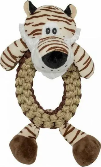 Lodër për qen Duvo+ Toy Tug Ring Tiger, pelush me litar najloni, me zë, shumëngjyrëshe