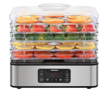 Dehidrator për fruta dhe perime Heinner Drymaster Pro, 320-380W, 5 tepsi inox, argjendtë transparent