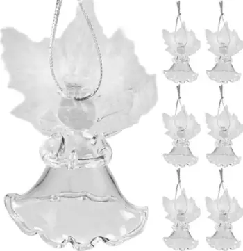 Stoli dekorativë engjëj Ruhhy 22497, set 6 copë, xham transparent, me pendë të bardha