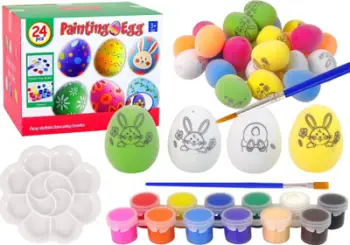 Set kreativ për Pashkë Painting Egg, 24 vezë plastike, bojëra dhe shkëlqim, shumëngjyrësh