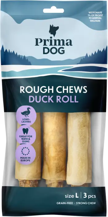 Kockë përtypëse për qen PrimaDog Rough Chews Duck Roll L, 17 cm, 225 g