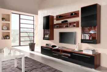 Mobilje muri Cama LUNA, set TV, MDF, dru plum, e zezë me shkëlqim