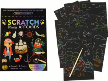 Libër kreativ vizatimi Scratch Pirates Artcards, 9 faqe, me shkop vizatimi, i zi