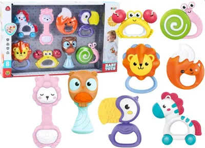 Set lodrash me zile për bebe Animal Rattles, 8 copë, multingjyrëshe - 1