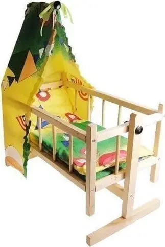 Djep lodër për kukulla Janex Large Cradle, prej druri, me mbulesë, shumëngjyrësh