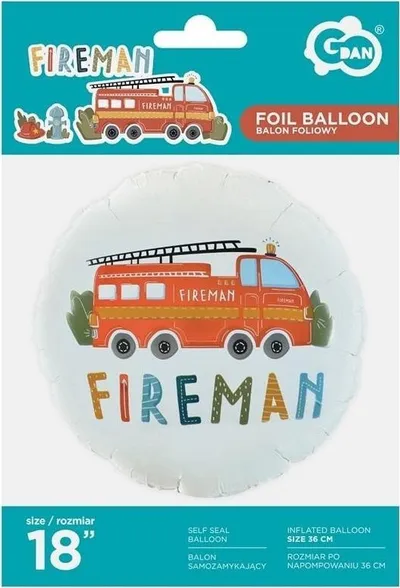 Balon dekorativ Godan Fireman, foli, 46 cm, i rrumbullakët, i shumëngjyrshëm - 1
