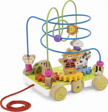Lodër tërheqëse druri Viga Motor Bead Maze, labirint me rruaza, figurina ferme, shumëngjyrëshe