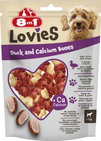 Shujta për qen 8in1 Lovies Duck and Calcium Bones, me rosë dhe kalcium, 80g
