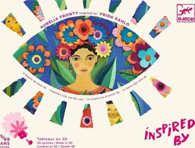 Set kreativ Djeco Frida Kahlo, 4 tablo 3D, mbi 100 elementë letre, shumëngjyrësh - 4