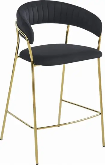 Karrige bari Elegant, me mbështetëse dhe mbështetëse këmbësh, velvet e zezë, këmbë ngjyrë ari