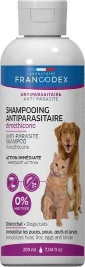 Shampo antiparazitare Francodex Dimethicone për qen dhe mace, 0% insekticide, 200 ml, e bardhë