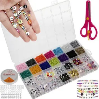 Set rruaza për byzylykë Crystal Tec 20371, 10000 copë, me gërma dhe zemra, shumëngjyrësh