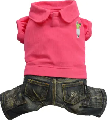 Set veshje për qen DoggyDolly Jeans and polo, XXS 13-15cm/26-28cm, rozë