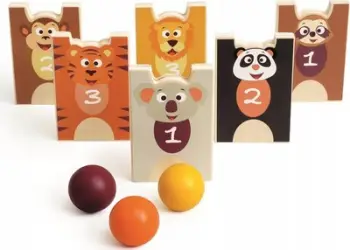 Lodër druri Scratch 2in1 Stack And Bowl Animals, set bowling 6 kunja 3 topa, shumëngjyrëshe