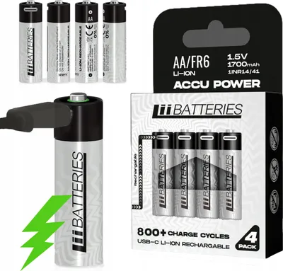 Bateri të rikarikueshme LiiBatteries AA, Lithium ion, USB C, set 4 copë - 1