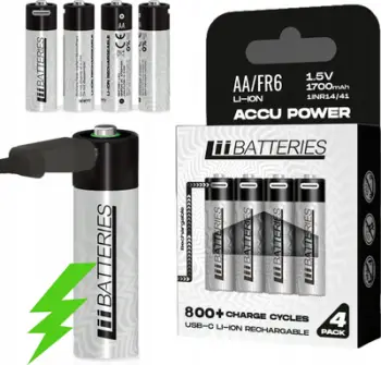 Bateri të rikarikueshme LiiBatteries AA, Lithium ion, USB C, set 4 copë