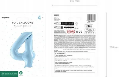 Ballon folie PartyDeco numri 4, 72cm, mbushje me ajër ose helium, blu e çelët - 3