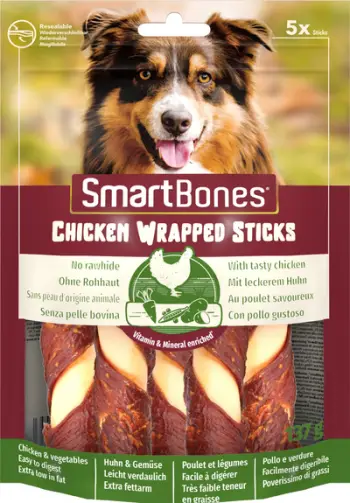 Shkopinj përtypës për qen SmartBones Chicken Wrap Sticks Medium, pa lëkurë kafshe, 5 copë