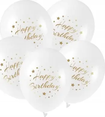 Ballona dekorative Happy Birthday, 28cm, set 5 copë, të bardha me print ari