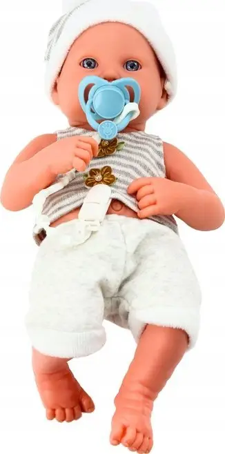 Kukull bebe me aksesorë, krahë dhe këmbë të lëvizshme, rroba të bardha dhe gri