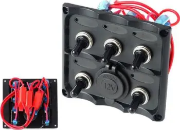 Panel ndërprerësish 12V SPST, 5 çelësa ON OFF, prizë 12V, IP68, i zi