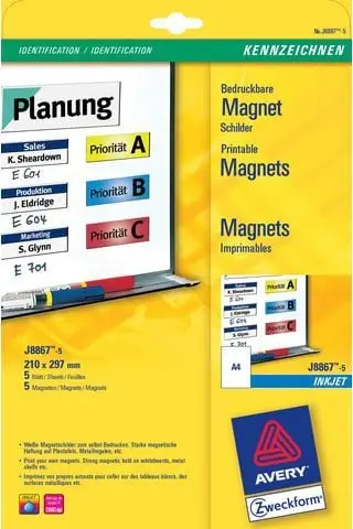 Etiketa magnetike Avery J8867, A4 210 x 297mm, 5 fletë, të bardha