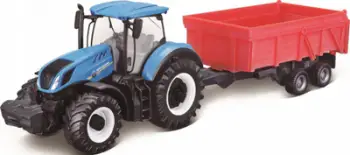Lodër traktor Holland T7.315 me rimorkio Bburago, model metalik, gjatësi 27 cm, blu