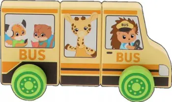 Lodër druri autobus shkolle Trefl Tiny Tails, magnetike, me rrota lëvizëse, shumëngjyrëshe