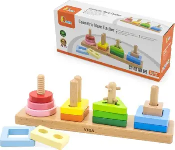 Lodër druri Viga Geometric Maze Stacker, sorter gjeometrik, 12 elemente, shumëngjyrëshe