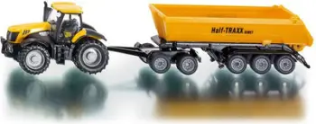 Lodër traktor Siku JCB 1858 me rimorkio kiper, shkalla 1:87, metal plastike, e verdhë