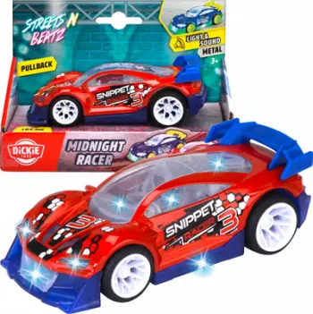 Makina lodër Dickie Toys Vehicle Streets Beatz Midnight Racer, 14cm, pull back, me drita dhe tinguj, e kuqe ose blu
