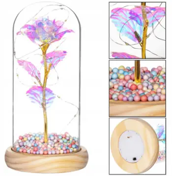 Dekor trëndafil i përjetshëm Lamex, kupolë xhami 22 cm, drita LED, shumëngjyrësh