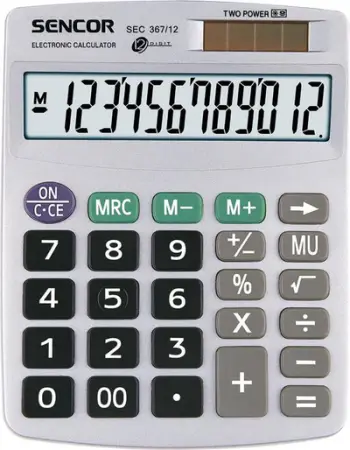 Kalkulator tavoline Sencor SEC 367/12, ekran 12 shifra, energji solare dhe bateri, gri