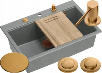 Lavabo kuzhine granit Quadron Marc 76x50 cm, tas i vetëm i thellë, Silver Stone me bakër