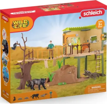 Set lojërash Schleich Wild Life Safari Ranger Adventure Station, figurina dhe aksesorë, krokodil dhe panterë e zezë
