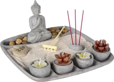 Set dekorativ kopsht zen Atmosphera, me figurë Buddhe, 23x23 cm, gri - 1