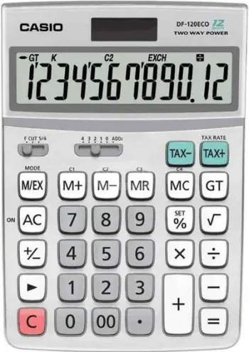 Kalkulator zyre Casio DF-120ECO, 12 shifra, solar dhe bateri, gri