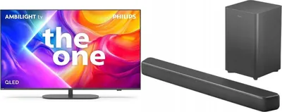 Set televizor dhe soundbar Philips 43PUS9010, 43" QLED 4K, Titan OS Ambilight, soundbar TAB5309 me subwoofer wireless, i zi - 1