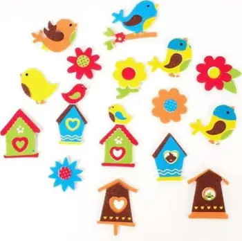 Stickerë shkumë Fandy Birds Flowers Birdhouses, set 30 copë, me motive pranverore, shumëngjyrësh