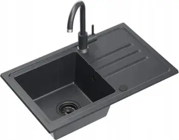 Lavabo kuzhine QUADRON BEN 111, granit, 70x44x17.5 cm, me rubinet, sifon dhe kapak, e zezë