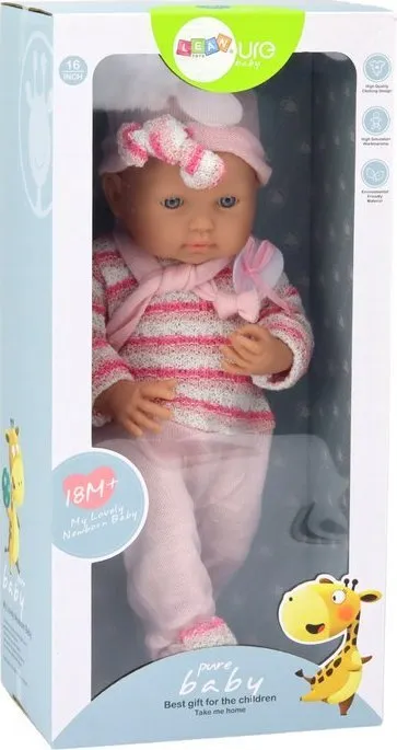 Kukull bebe me veshje, 39cm, pulovër me vija, rozë - 4