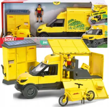 Set lodrash Dickie Toys DHL Delivery, furgon 25 cm, me drita dhe tinguj, i verdhë